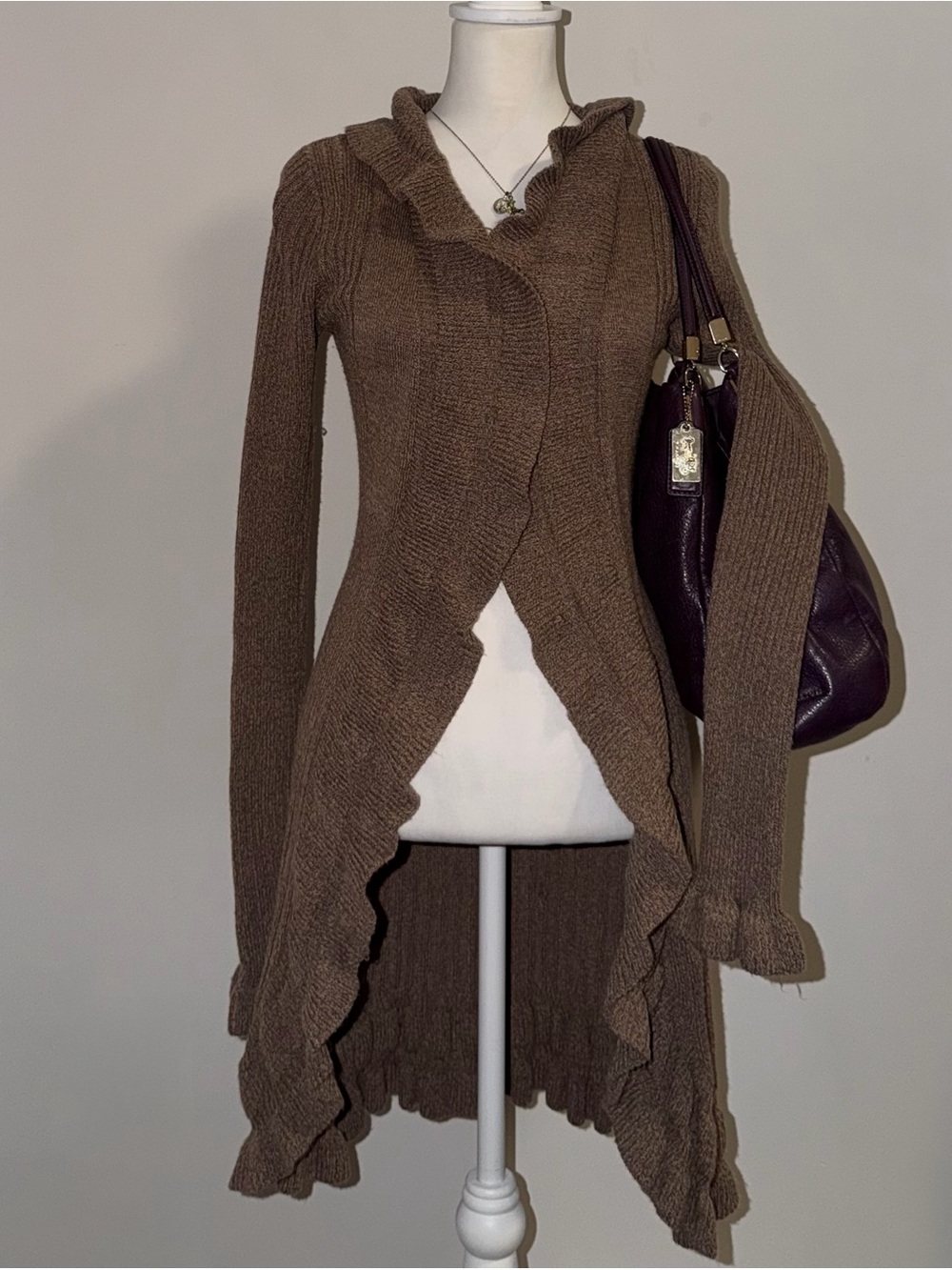 2000s vintage style whimsical bohemian brown ruffle long cardigan